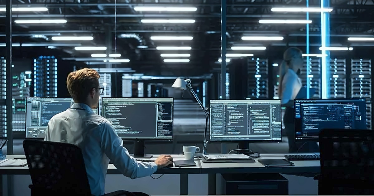 Network engineer working among server racks