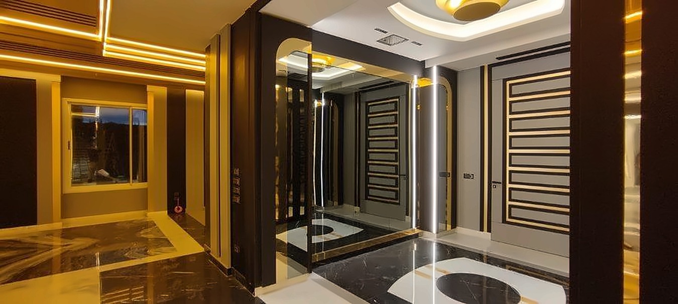 Luxury villa in Yaafour, gold-lit foyer