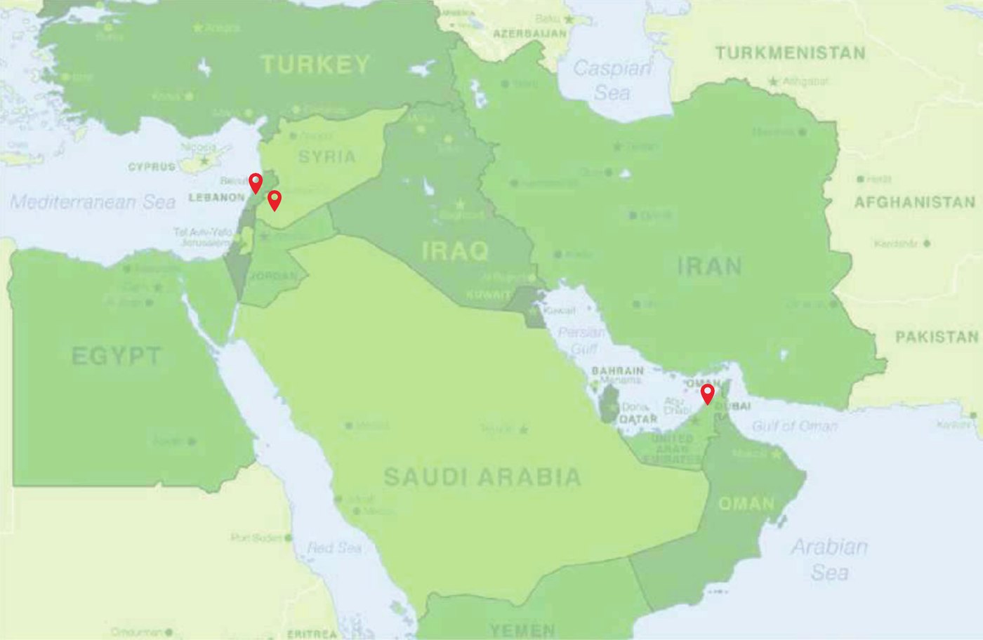 Map of the Middle East marking Kabouni offices in Damascus, Beirut and Dubai