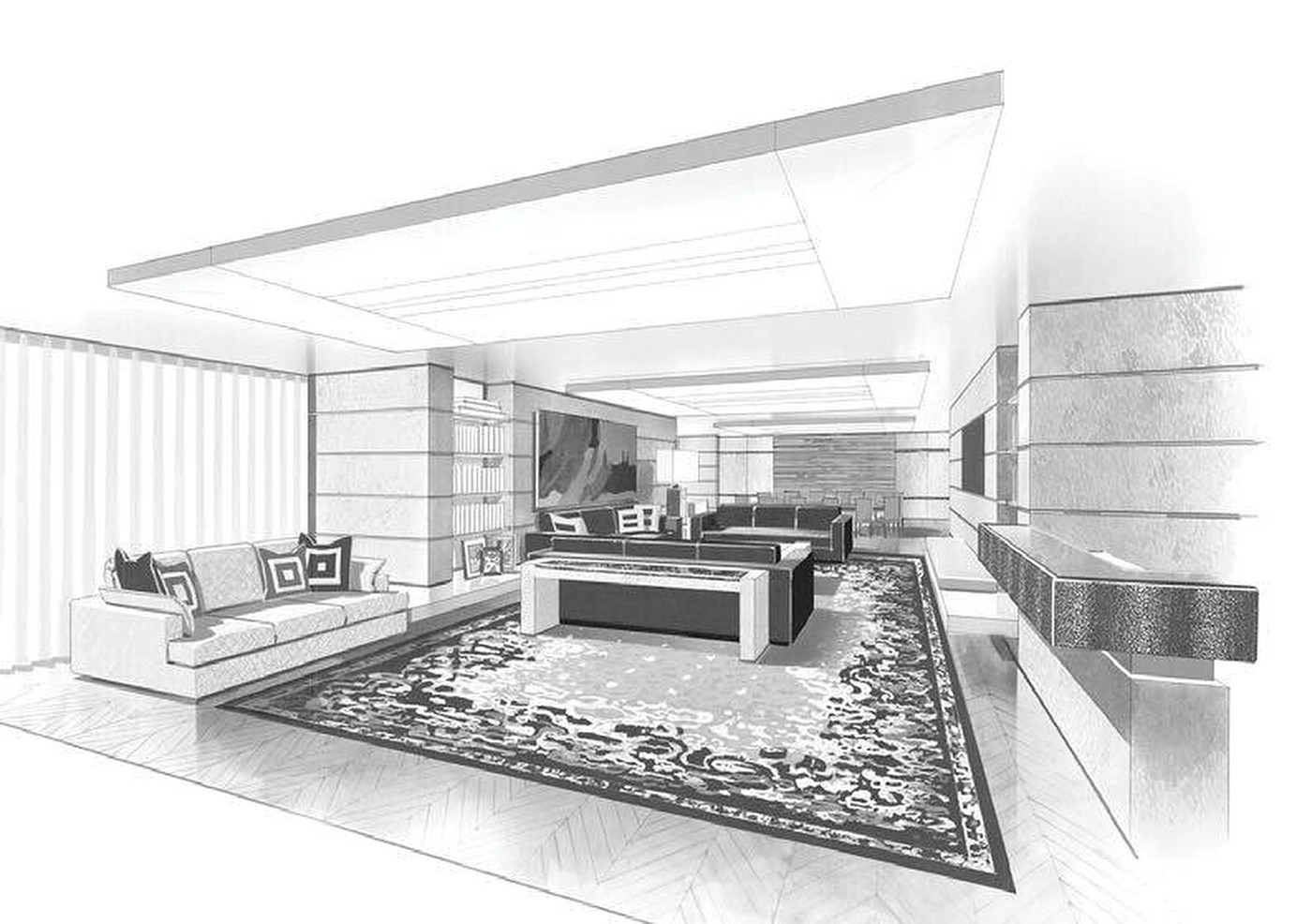 Architectural sketch of a designed living room