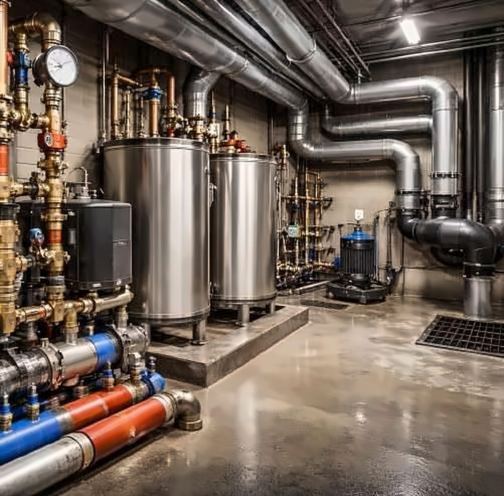Mechanical plant room with HVAC piping and tanks