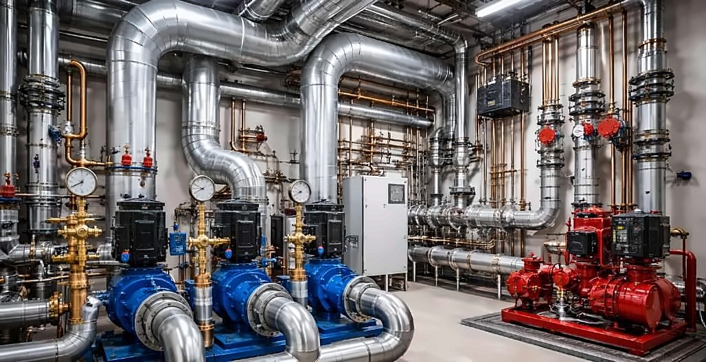 Plumbing plant room with pipework and pumps
